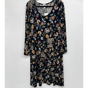 Leota Boho Floral A-Line Dress Sz 3X Black Multi Long Slv Office Cottage Modest